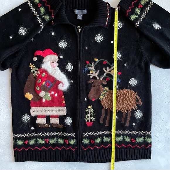 Vintage Northern Isles Black Knit Christmas Santa Reindeer Embroidered Cardigan - Picture 5 of 7